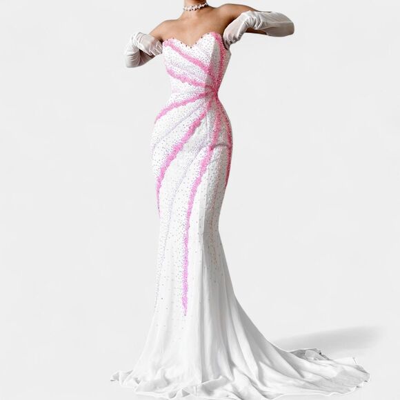 Vintage White Pink Beaded Strapless Bodycon Maxi Prom Dress Size S/M - Picture 2 of 8